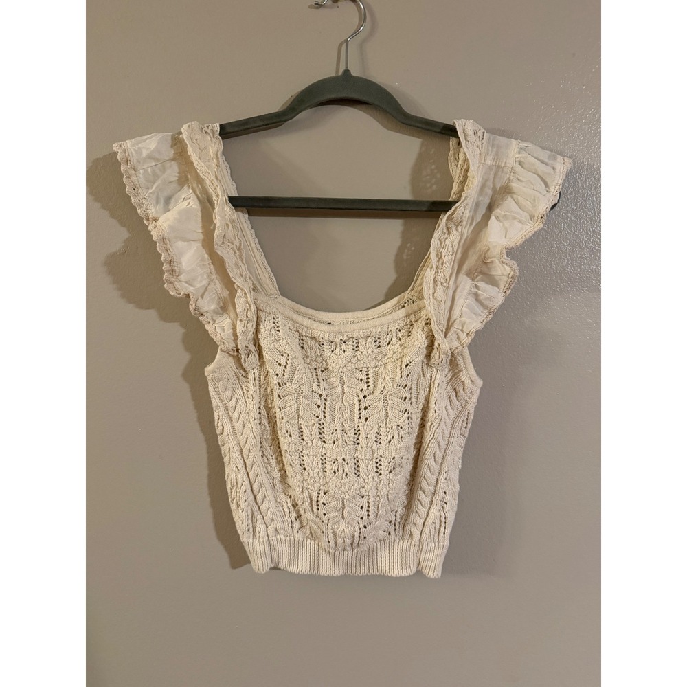 Anthropologie Cream Pointelle Knit Ruffle Lace Trim Crop Top Ivory Cotton Small